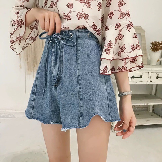 (Order) Có bigsize Quần short jeans cạp dập lỗ tròn luôn dây buộc, gấu rách 2019