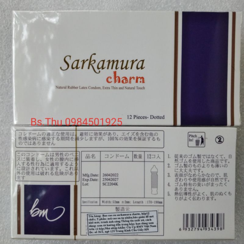 Bao cao su Sarkamura charm siêu mỏng Nhật Bản hộp 12 chiếc