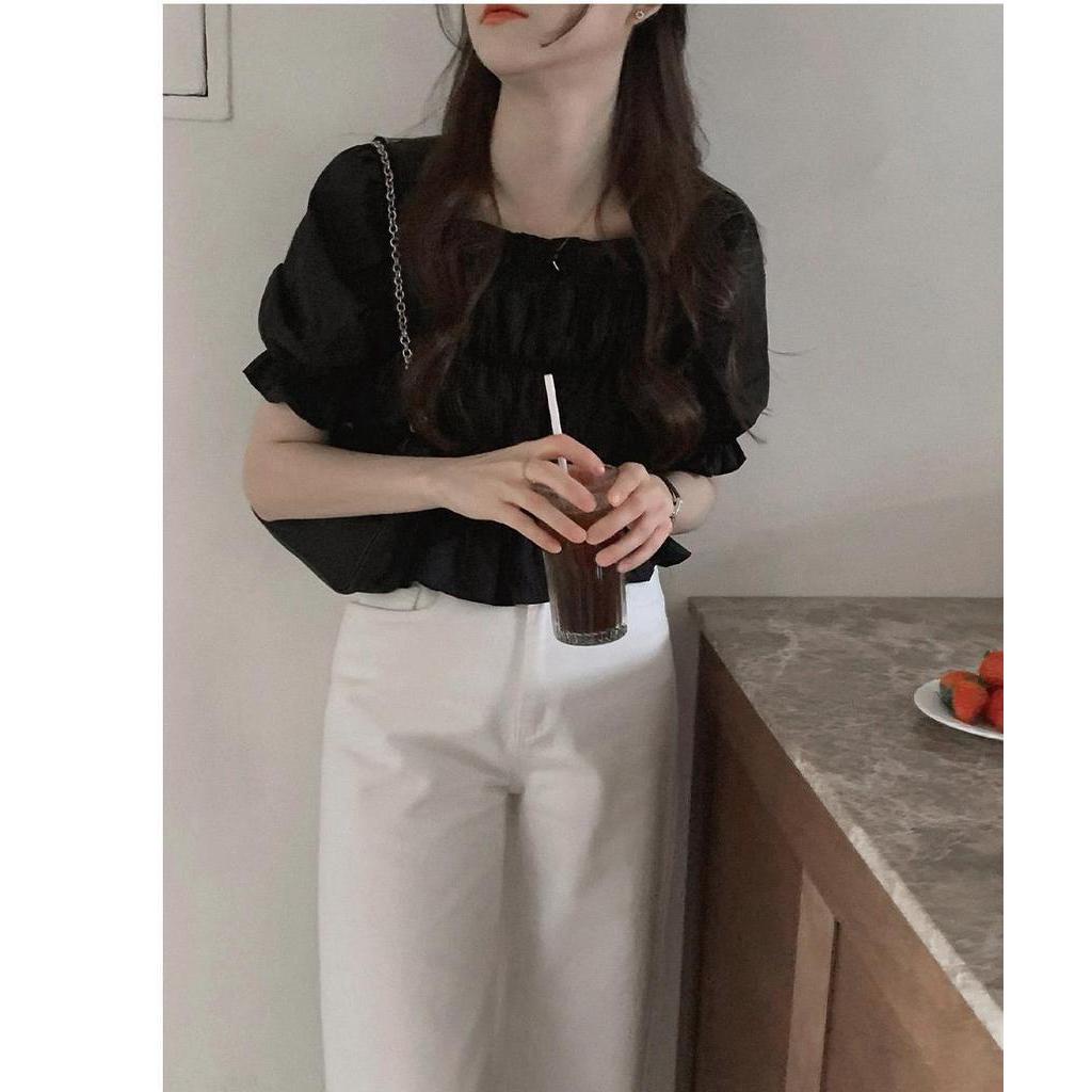 Áo Kiểu Trễ Vai Cổ Vuông Xếp Ly Tay Ngắn 51080