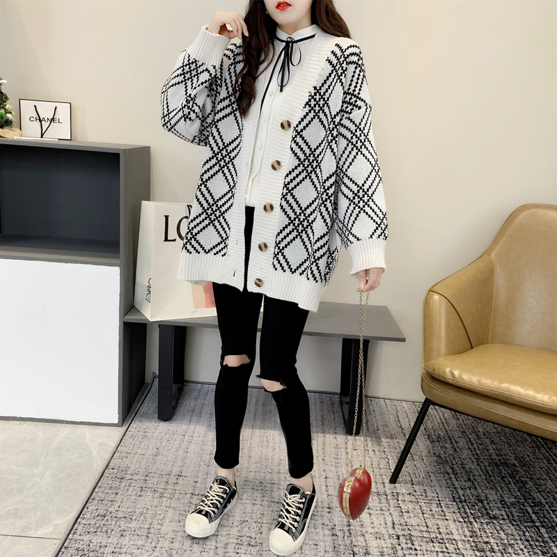 Áo Cardigan Dệt Kim Tay Dài Cổ Chữ V Họa Tiết Sọc Caro Phong Cách Retro