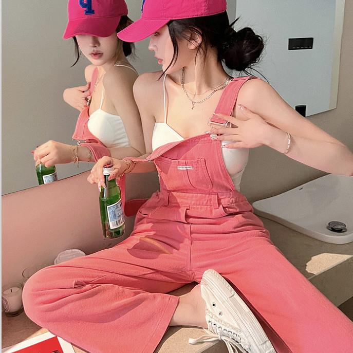 Puruitih Quần Yếm Mỏng Màu Hồng Đen Lưng Cao Mùa Hè Cho Nữ