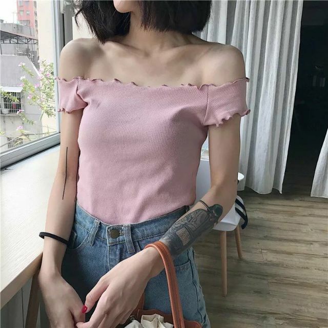 Áo Croptop Kiểu Nữ Thun Gân Len Tăm Trễ Vai Tay Ngắn - AK0041 | bear.story