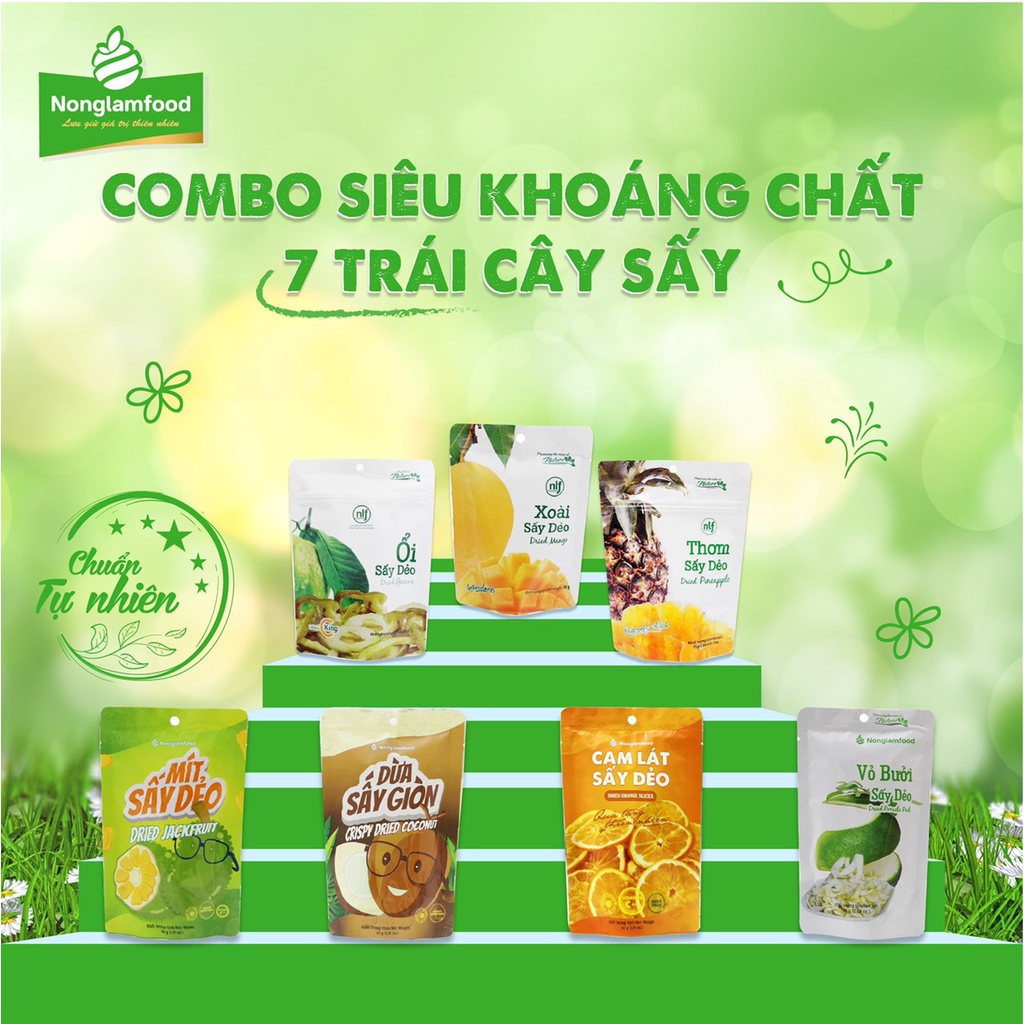 Trái cây sấy dừa giòn, mít sấy, xoài sấy, chanh dây, mãng cầu, ổi sấy, thơm sấy Nông Lâm Food