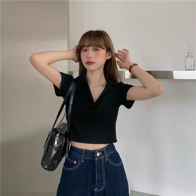 Áo Polo crotop cổ V co giãn kèm hình thật
