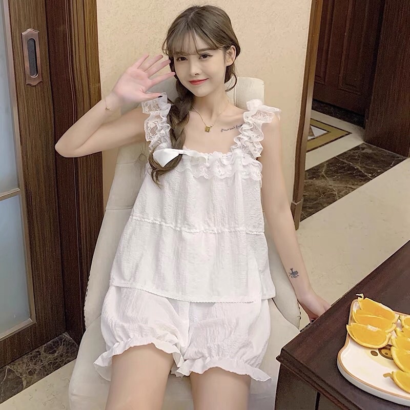 Đồ ngủ Pijama phối ren phong cách mùa hè thoải mái (SẴN )
