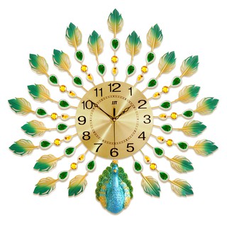 Đồng hồ treo tường 3D Khổng tước (chim công) đuôi xòe vàng phối xanh ngọc sang trọng