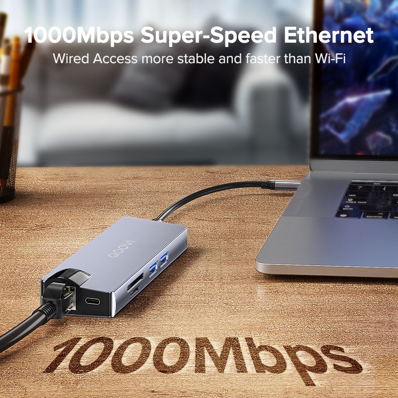 Bộ chia cổng QOOVI Type C - HDMI 4K 30Hz RJ45 PD TF / SD 8 trong 1 thích hợp cho Macbook Pro Surface máy tính xách tay
