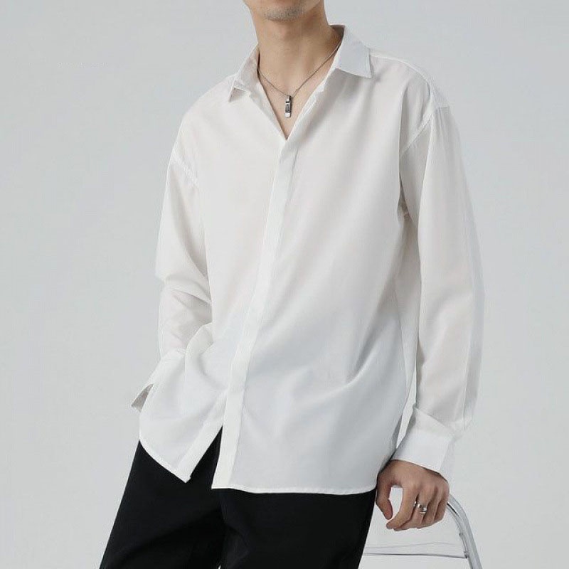 Áo sơ mi nam form rộng dài tay hàn quốc lụa mát giấu cúc đẹp xám xanh trắng đen MEMOTOP MM03