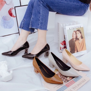 [Mã SKAMLTSM9 giảm 10% đơn 99K] Giày Cao Gót 5cm Da Bóng Mũi Nhọn Đế Vuông Phối Mica P006