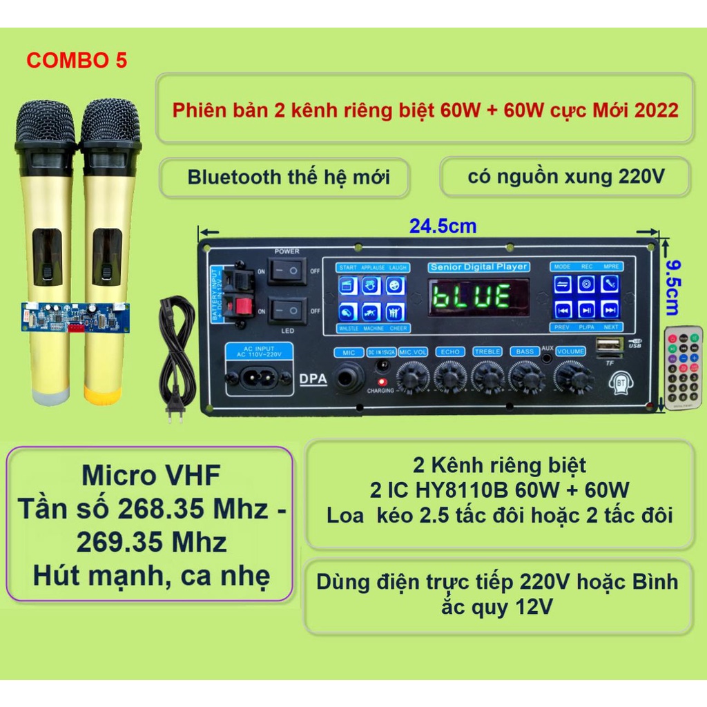 Mạch loa kéo 2 kênh riêng biệt 2 IC HY8110B 60W + 60W có nguồn xung 220V – Bluetooth thế hệ mới kèm micro đôi