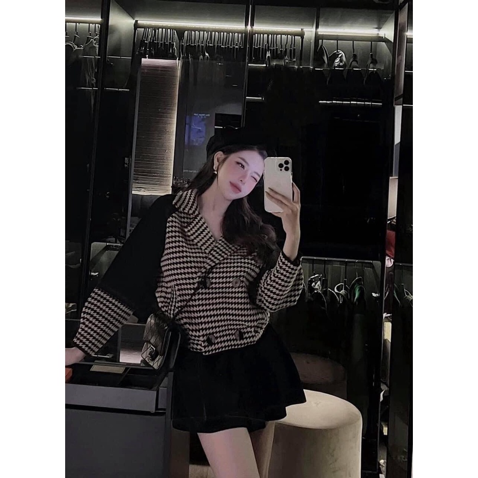 Áo dạ tweed nữ dáng ngắn Caro Hàn Quốc - Hàng quảng châu - Elly Store