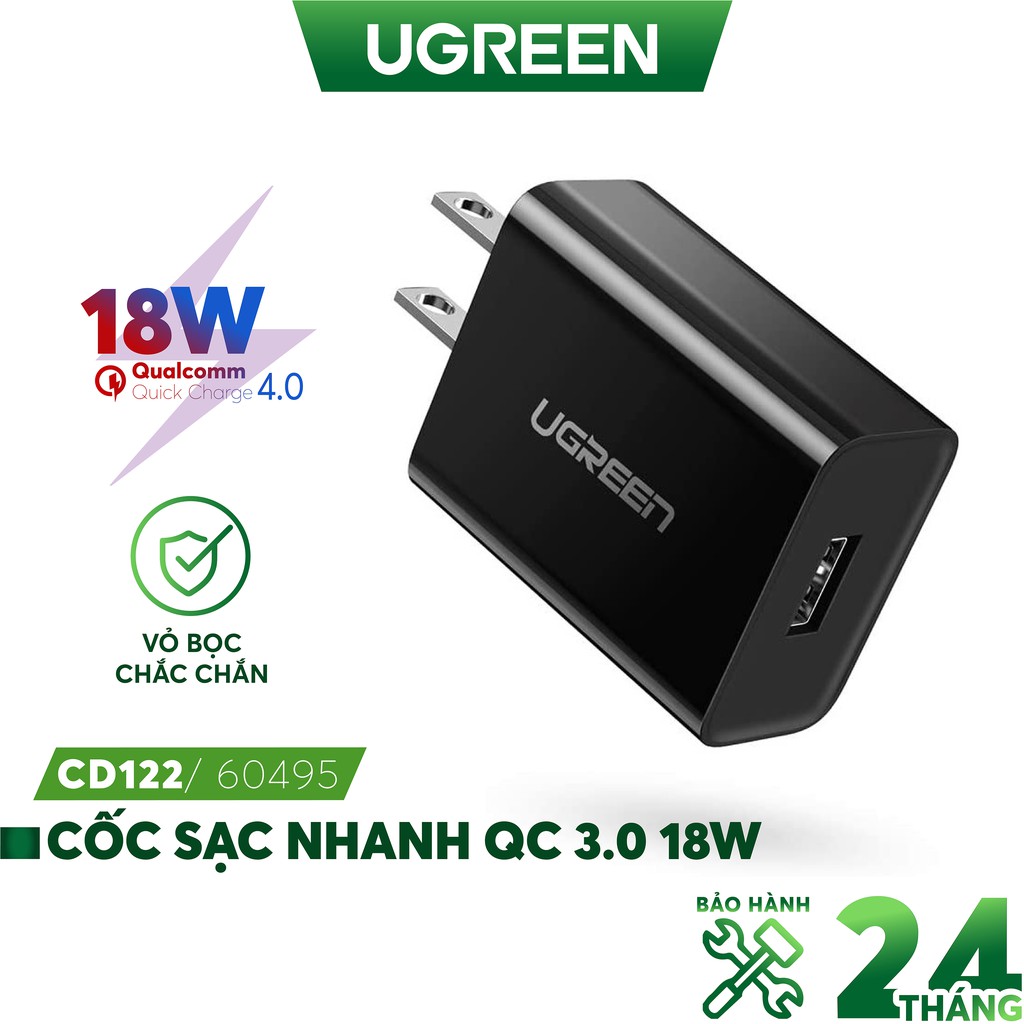 [Mã 2404EL10K giảm 10K đơn 20K] Sạc nhanh 1 cổng USB-A UGREEN CD122 - Hỗ trợ Qualcomm Quick Charge 3.0 công suất 18W