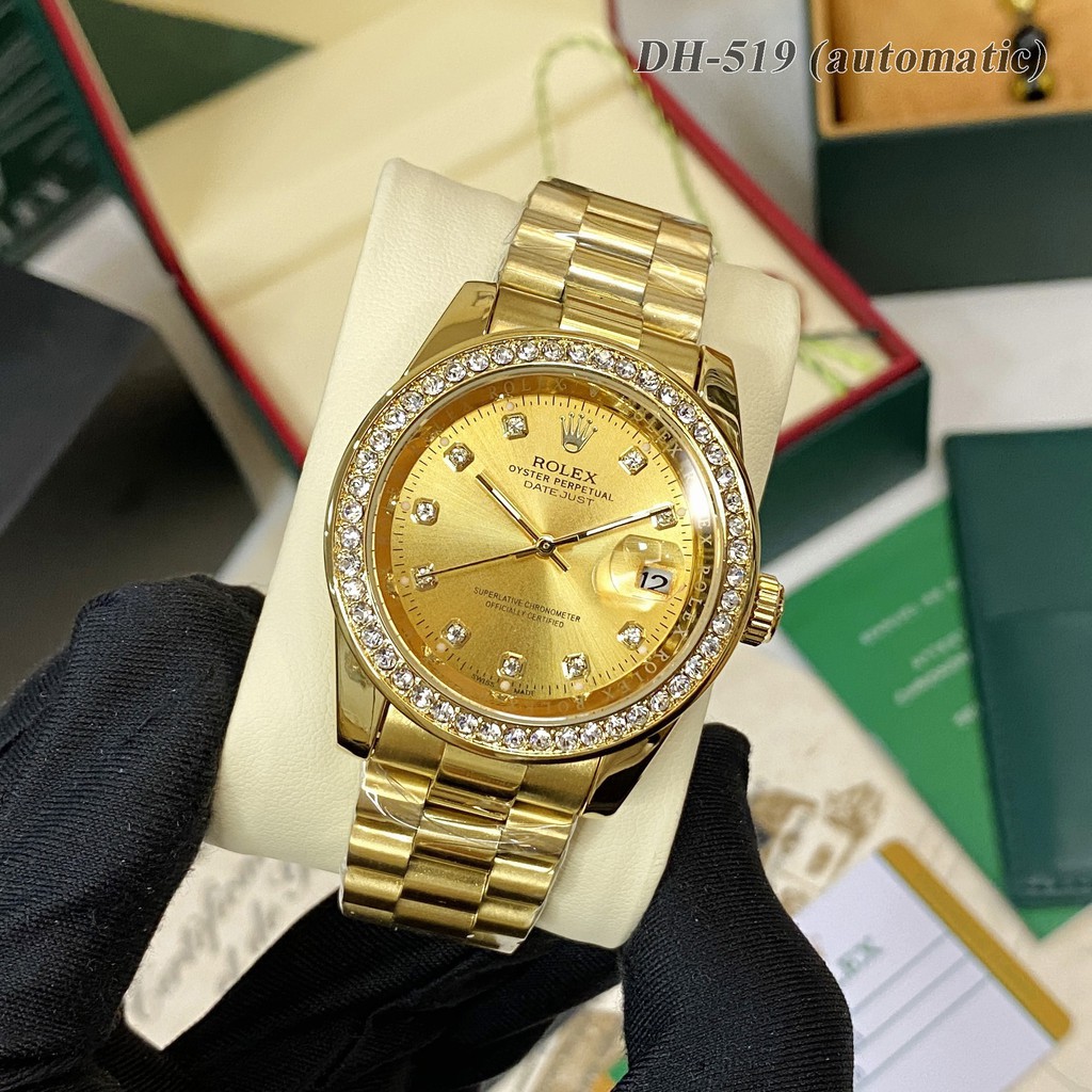 Đồng hồ nam Rolex viền đá mặt tròn chống nước, máy cơ automatic bảo hành 12m DH1519 sieucap64