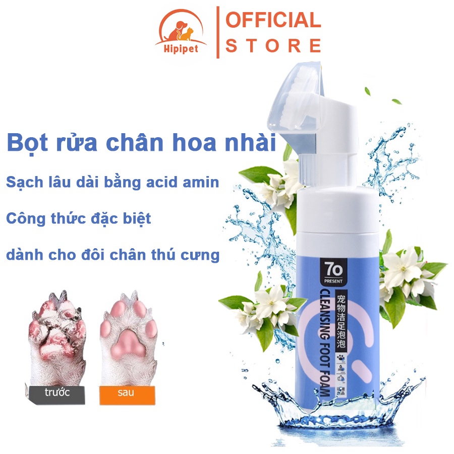 Bọt rửa chân chó mèo Hipipet 7o present hương hoa nhài làm sạch kẽ chân cho chó và mèo không cần rửa lại với nước