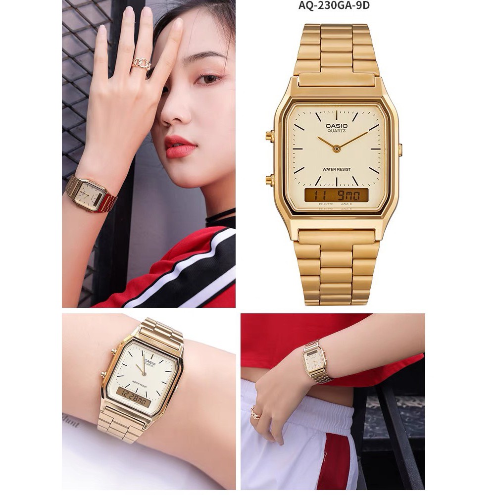 Đồng hồ nam nữ Casio điện tử chính hãng mặt vuông cổ điển , dây kim loại - đồng hồ  AQ230