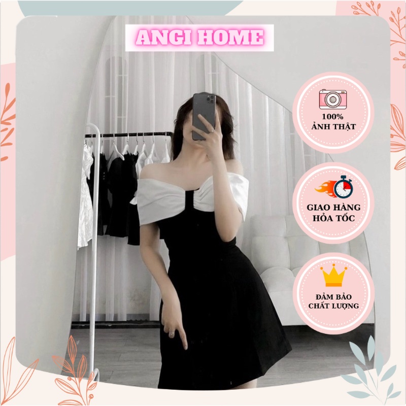 ĐẦM ĐEN BẸT VAI PHỐI VIỀN TRẮNG NƠ ANGI HOME