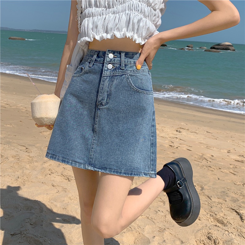 Chân váy jean Chữ A Lưng Cao Thời Trang Hàn Quốc