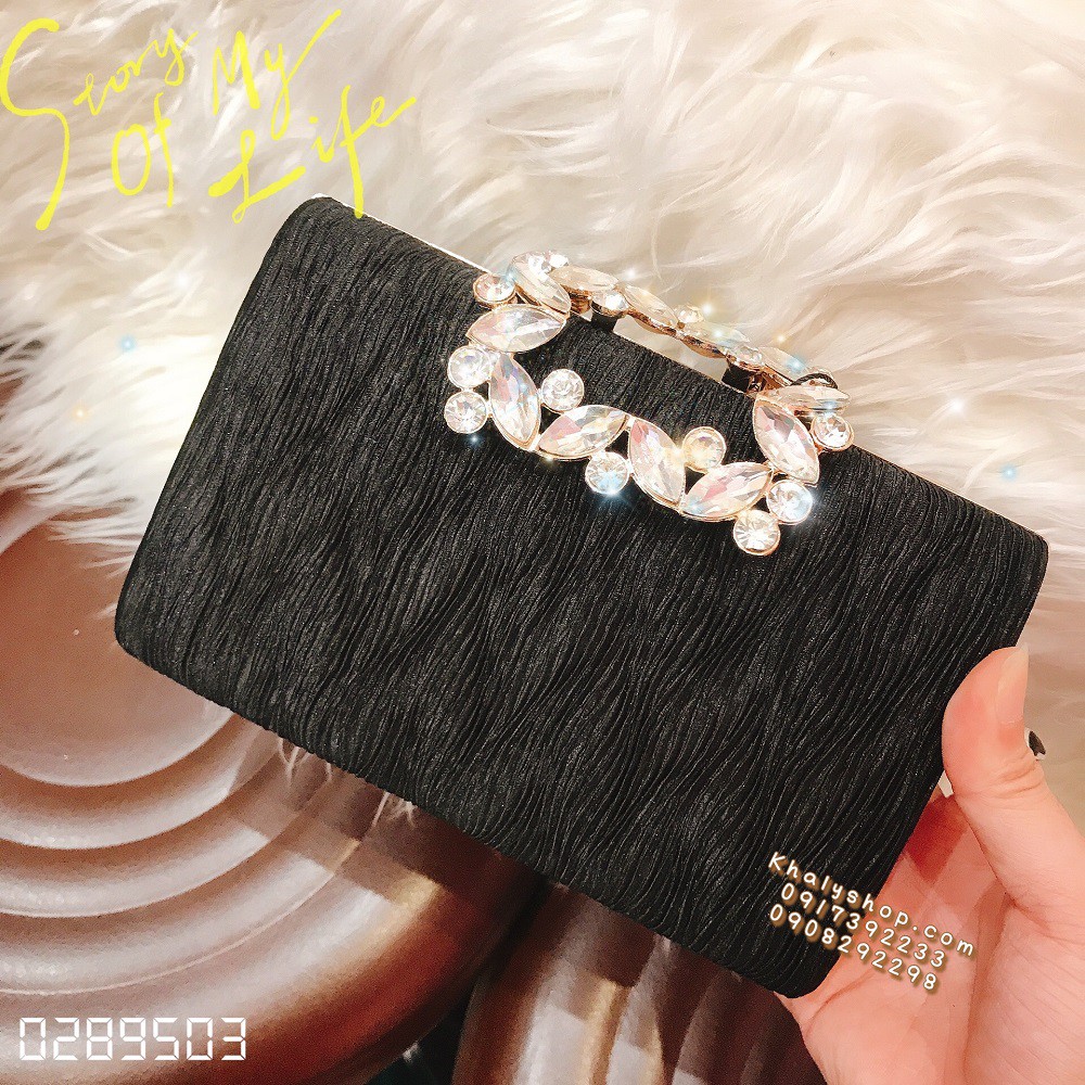 Bóp đầm clutch dạ hội dự tiệc sang trọng đeo chéo cầm tay màu đen họa tiết hột đá siêu xinh cho bạn nữ - (17x3.5x12cm)