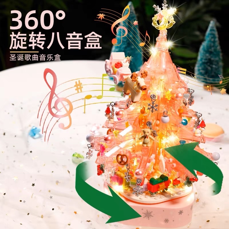 Đồ chơi lắp ráp Hộp Nhạc Cây Thông Noel Màu Hồng Crystal Christmas mảnh ghép trong suốt kèm đèn led Sembo blocks
