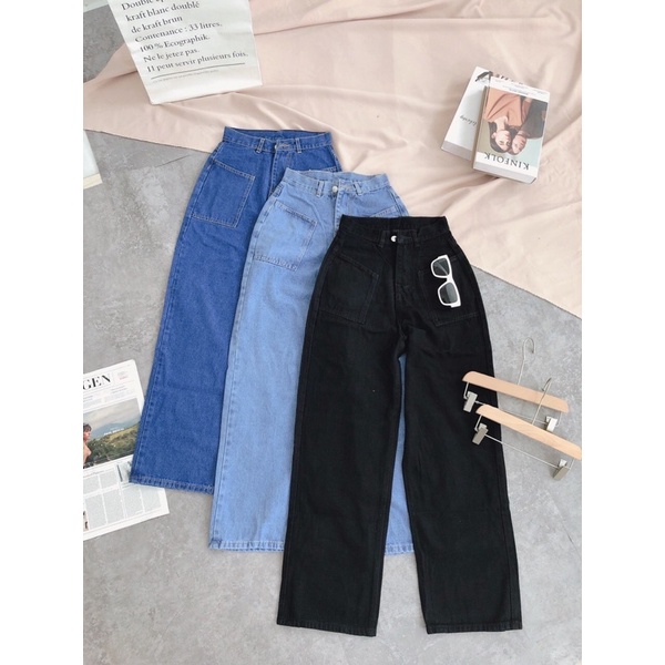 Quần jean suông túi chéo cách điệu - hình thật