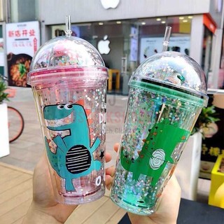 Ly Cốc Uống Nước Giữ Nhiệt Kim Tuyến In Hình Khủng Long 3D Tặng Kèm Ống Hút - JLVQ-4288-LGNK