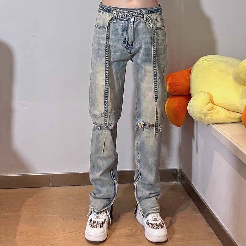 Quần jeans nam dáng dài phối dây phong cách đường phố Mỹ cá tính