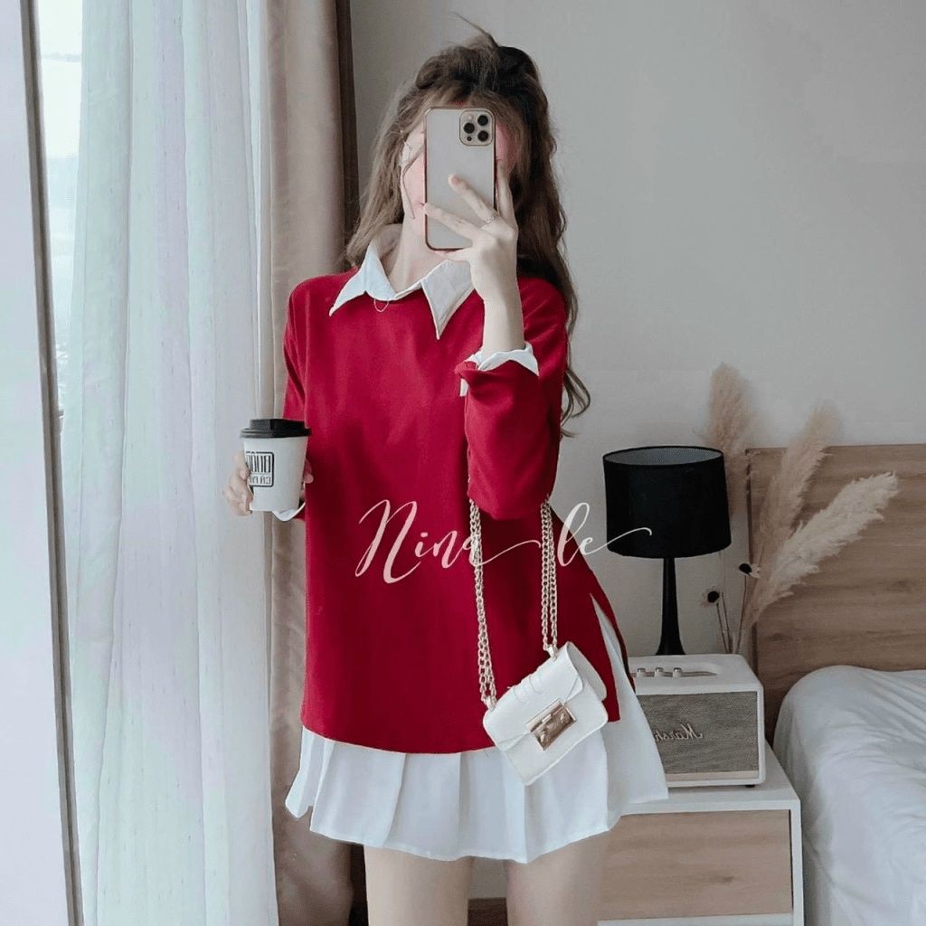 SÉT ĐẦM LỤA SƠ MI PHỐI ÁO THUN GÂN MÀU ĐỎ CHỨNG TỎ YÊU ANH CỰC HOT