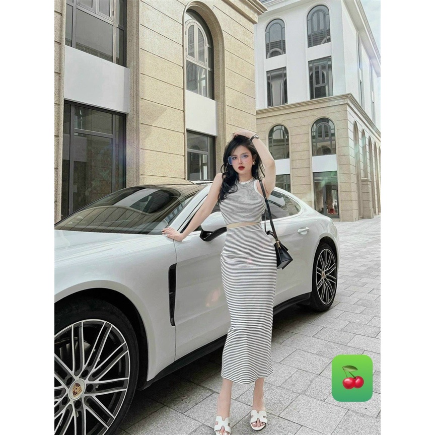 Set sọc ngang đi chơi nữ chân váy ôm dáng dài áo thun croptop ba lỗ sát nách chất thun tăm mềm