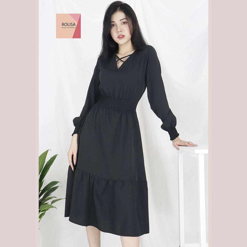 [Mã SKAMSALEP6 giảm 10% tối đa 100K đơn 150K] Đầm váy nữ dài tay dáng dài Rolisa RD058 Màu đen | BigBuy360 - bigbuy360.vn