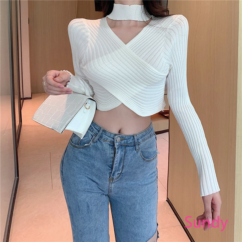 Áo croptop dệt kim cổ chữ V tay dài gợi cảm sành điệu cho nữ