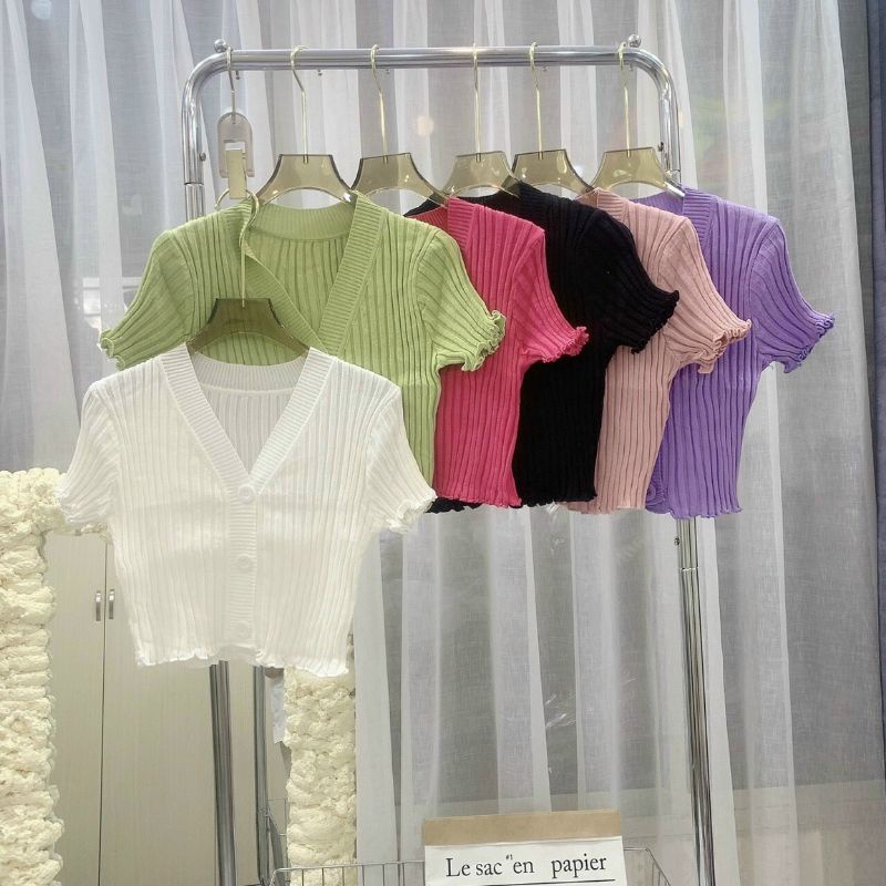 Áo croptop gân đũa tay ngắn nút to(A15