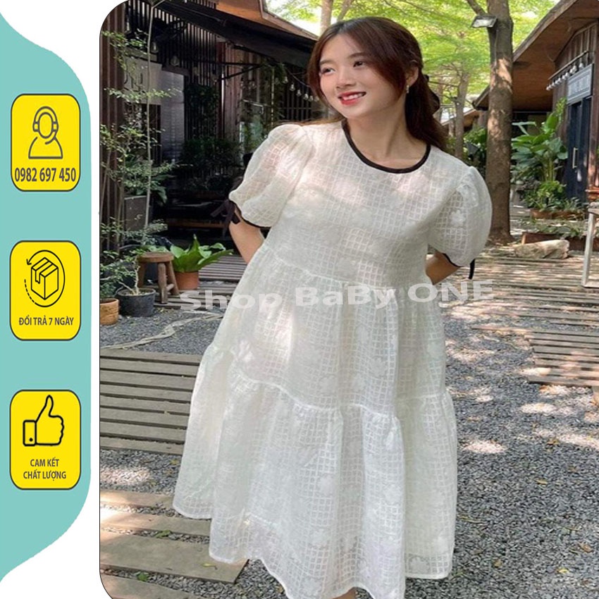 VÁY BẦU BABYDOLL TẦNG CARO HOA NỔI-ĐẦM BẦU XINH THIẾT KẾ VIỀN CỔ ĐEN TAY BUỘC NƠ ĐIỆU ĐÀ ĐẸP