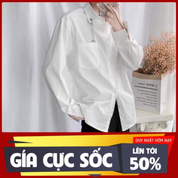 SIÊU SALE Áo Sơ Mi Nam Màu Trắng - Đen Túi Ngực Phối Xích Ở Cổ Mặc Đi Học, Mặc Đi Chơi Phong Cách Hàn Quốc