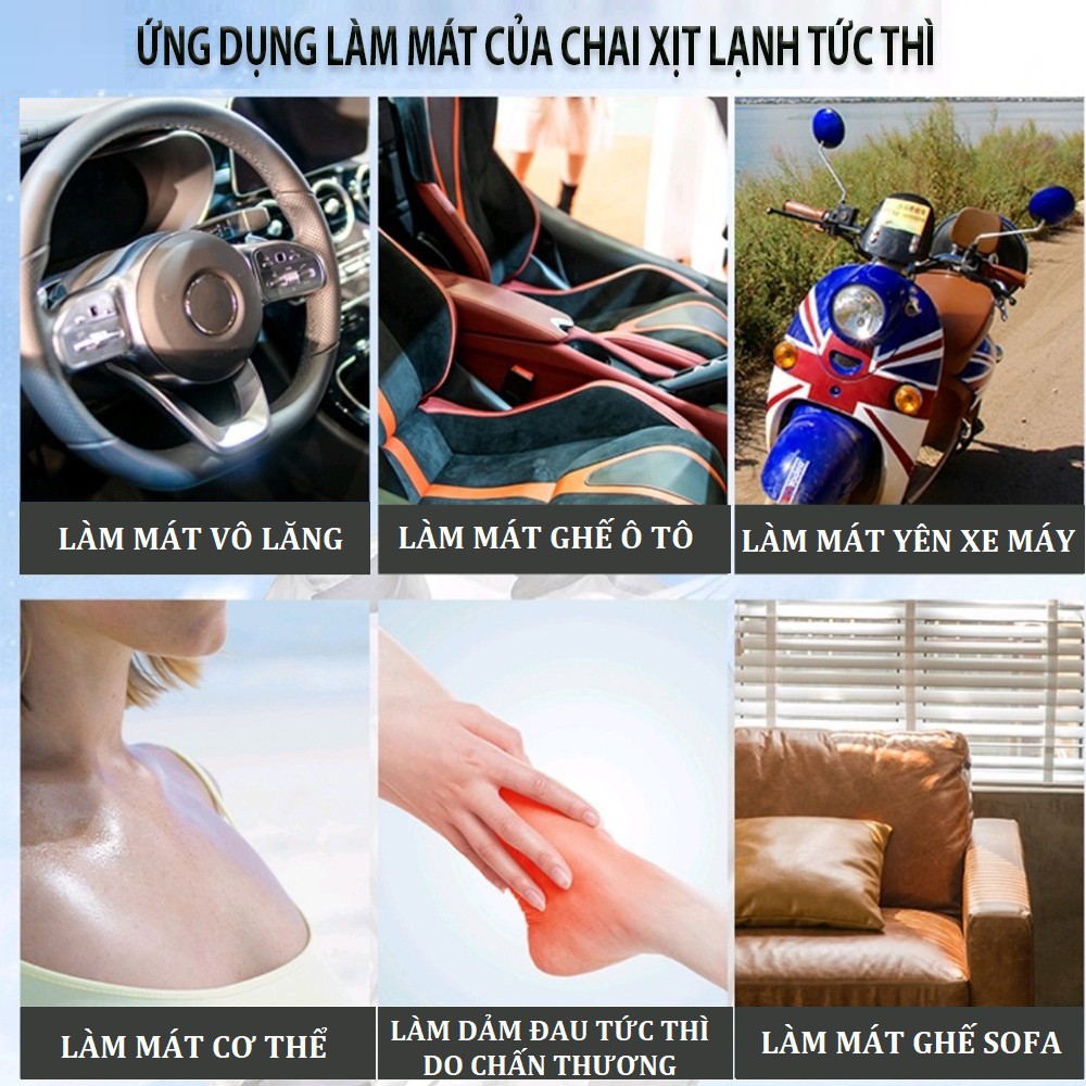 Xịt làm mát lạnh nhanh tức thời cho Xe hơi - Yên xe máy - Cơ thể dạng bình xịt 180ml mùi bạc hà nhẹ