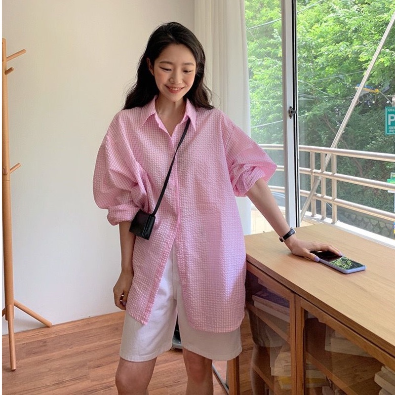 Áo Khoác cotton Dáng Dài Họa Tiết Sọc Caro Phong Cách Hàn Quốc Thời Trang Mùa Xuân Cho Nữ