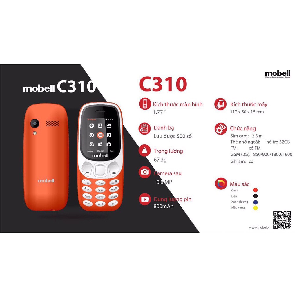 Điện thoại Mobell C310 màn hình màu 1.8inch, 2sim nghe nhạc MP3, FM full box | BigBuy360 - bigbuy360.vn