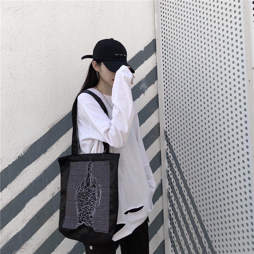 Túi tote đeo vai bằng canvas thêu hình ngọn núi màu đen đơn giản cá tính 22004