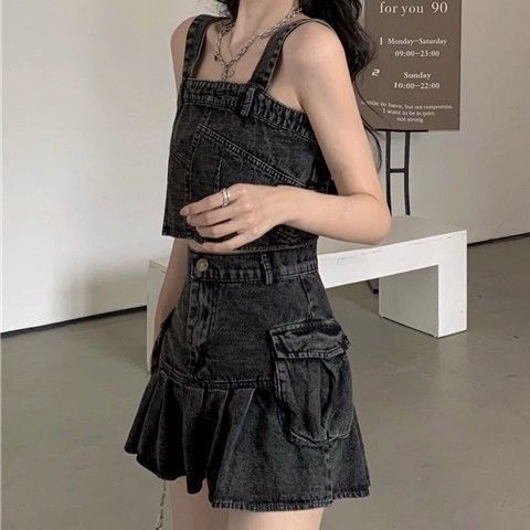 Jiashucheng Bộ Áo Denim + Chân Váy Xếp Ly Thời Trang Mùa Hè Sang Trọng Cho Nữ