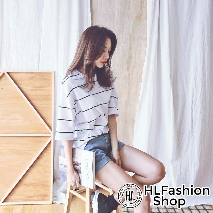 Áo thun tay lỡ trơn sọc trắng to bản form rộng, áo phông nữ HLFashion