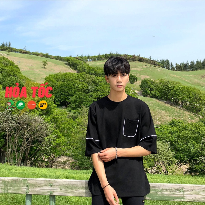Áo basic tee viền unisex đen tay lỡ có túi