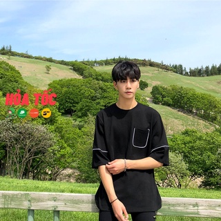 Áo basic tee viền unisex đen tay lỡ có túi