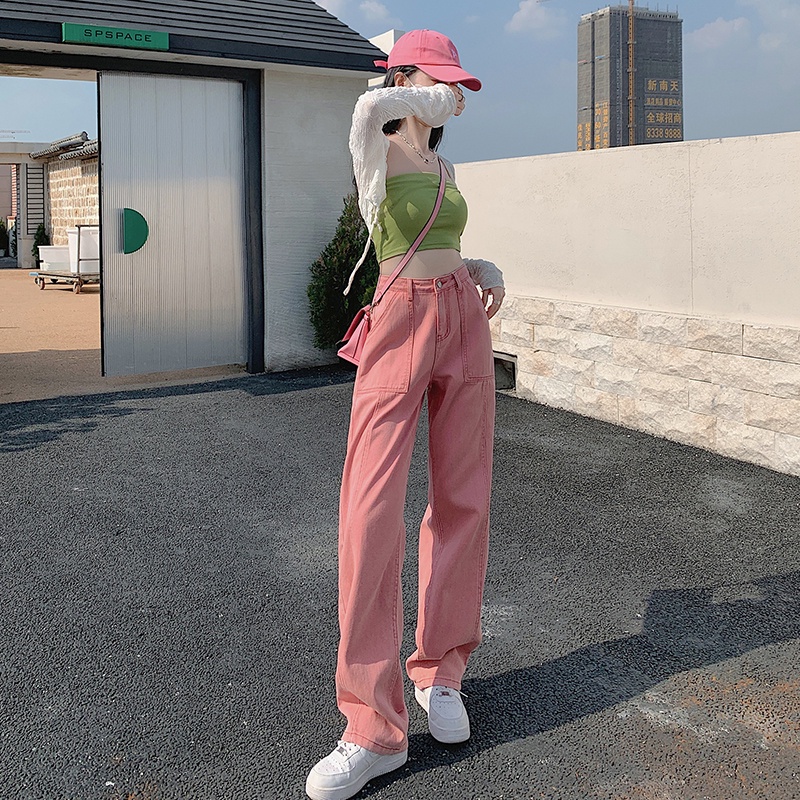 Quần jean ZHELIHANGFEI lưng cao ống rộng phong cách đường phố Mỹ cá tính năng động