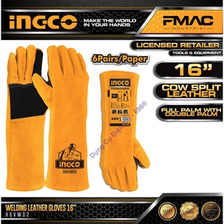 Găng tay hàn INGCO HGVW02 16" bao tay da hàn bảo hộ lao động da bò thật chịu nhiệt hàn tig mềm mại