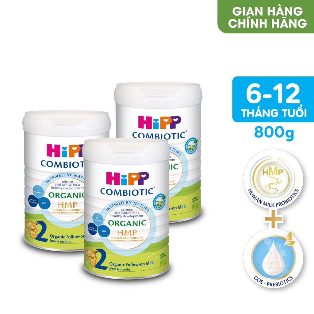 Combo 3 lon Sữa bột công thức HiPP 2 Organic Combiotic 800g bổ sung DHA trực tiếp (3 lon x 800g)