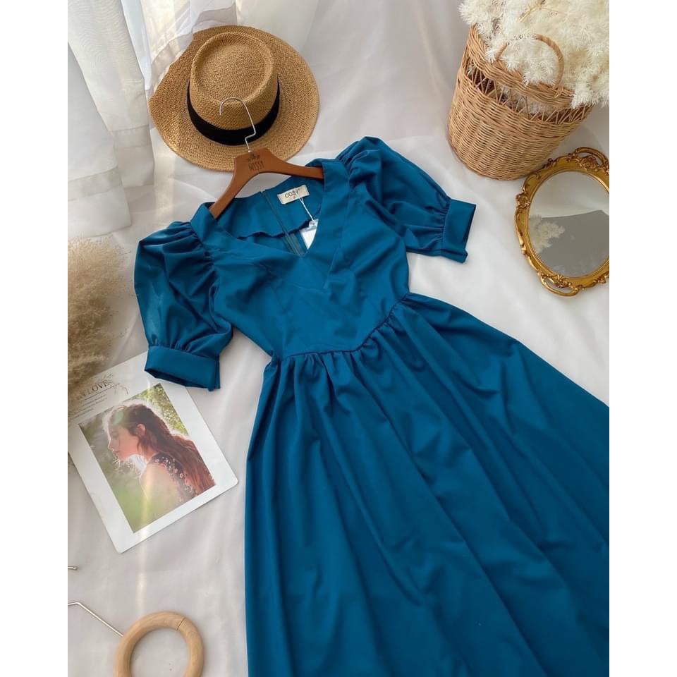 VÁY XANH CỔ V TAY BỒNG VINTAGE | BigBuy360 - bigbuy360.vn