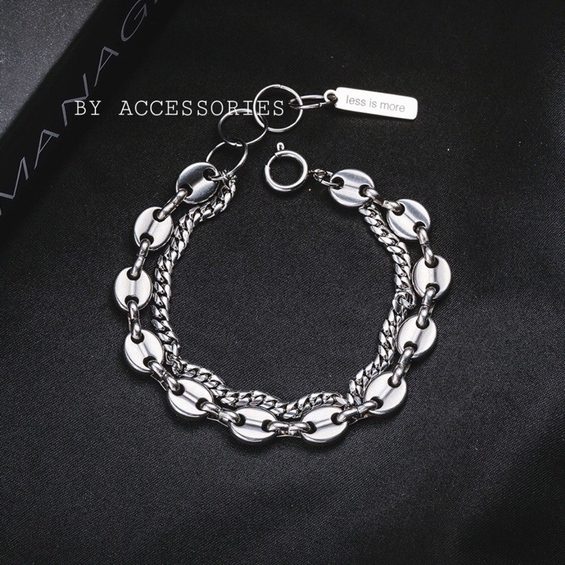 Lắc tay titan xích kép hạt dẹp tag less is more không gỉ