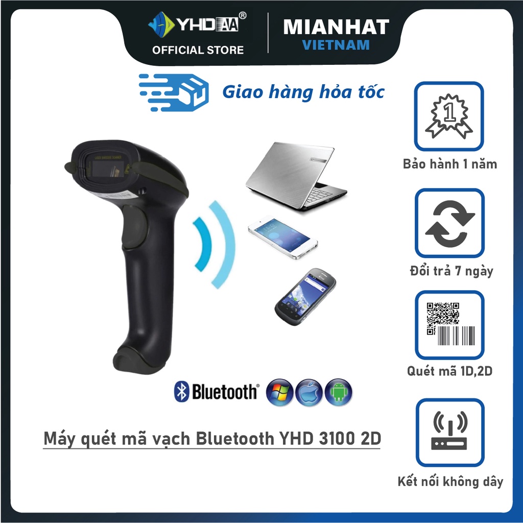 Súng bắn mã vạch không dây Bluetooth YHD 3100 2D đọc mã Barcode(1D