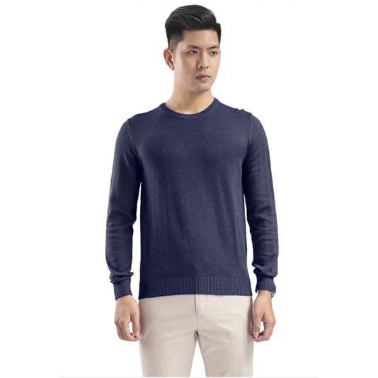 Áo len nam basic Aristino màu xanh tím than 109M cổ tròn bo tay bo gấu áo dáng slim fit chất acrylic chính hãng AWO001W8