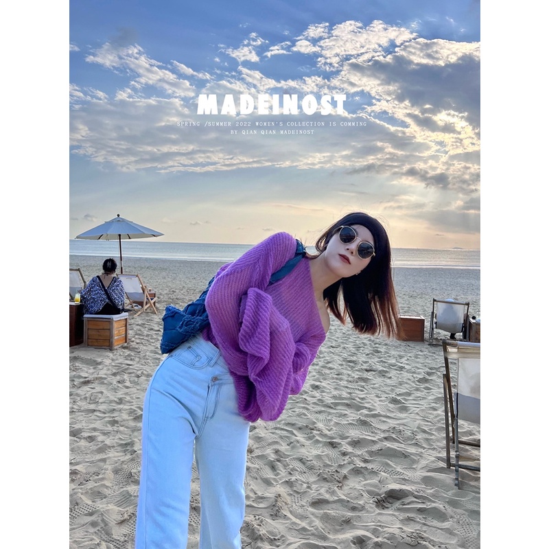 Cocory vn Áo sweater dệt kim tay dài trễ vai trong suốt 5 màu dễ thương dành cho nữ