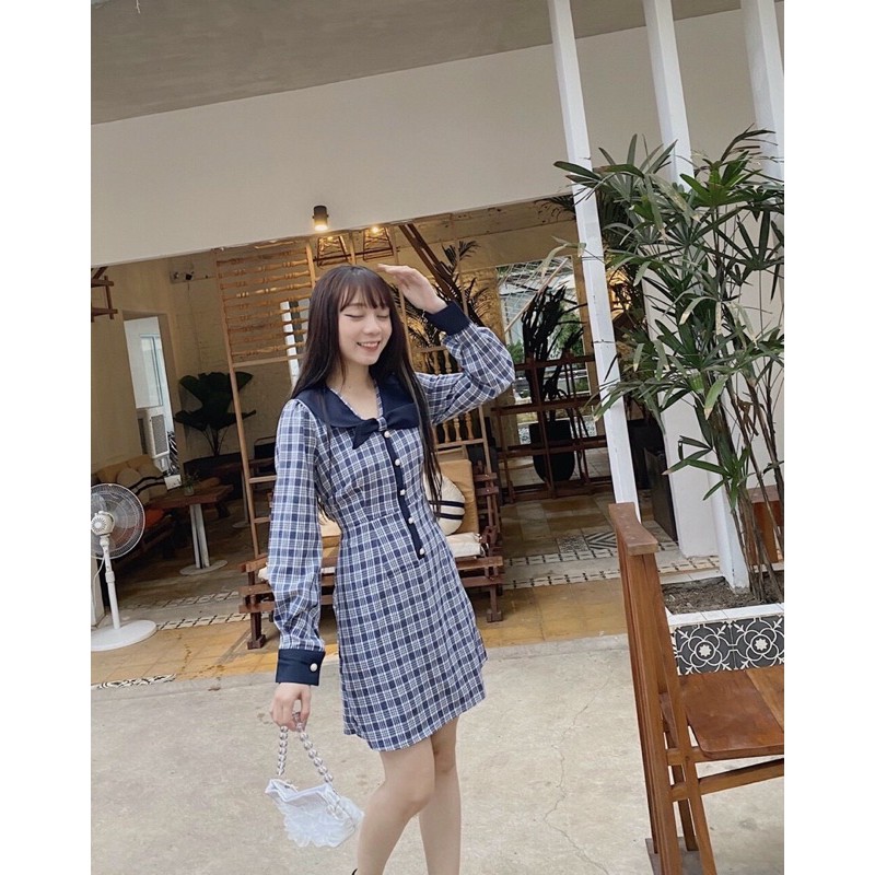 ĐẦM CARO TAY DÀI PHỐI CỔ VIỀN ĐEN THẮT NƠ NGỰC 🖤